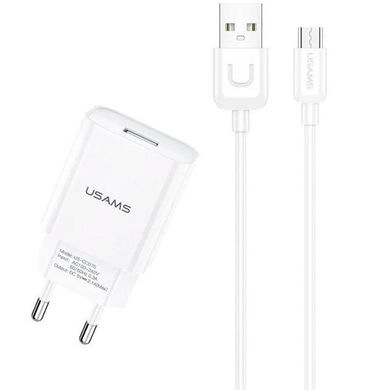 Мережевий зарядний пристрій Usams T21 1 порт USB швидка зарядка 2.1A СЗУ біле White + USB Cable MicroUSB фото