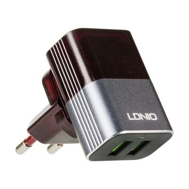 Мережевий зарядний пристрій LDNIO 2 порту USB швидка зарядка 2.4A СЗУ чорне Black / Grey + Cable Type-C (DL-A2206) фото