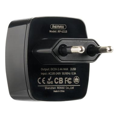 Мережевий зарядний пристрій Remax 2 порту USB швидка зарядка 2.4A СЗУ чорне Black (RP-U215) + USB Cable iPhone 7 фото