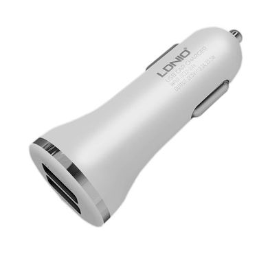 Автомобільний зарядний пристрій LDNIO 2 порту USB швидка зарядка 3.1A АЗП біле White + USB кабель Lightning (DL-C23) фото