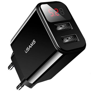 Мережевий зарядний пристрій Usams T17 LED 2 порту USB швидка зарядка 2.1A СЗУ чорне Black (US-CC073) фото