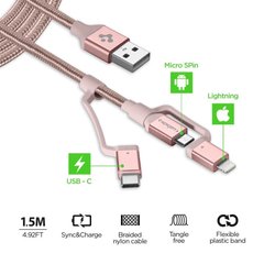 Кабель Spigen Essential C10i3 3 in 1 Type-C Micro-USB Lightning to USB 1.5 метра рожевий Gold фото