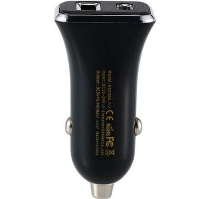 Автомобільний зарядний пристрій Remax 2 порту USB + Type-C швидка зарядка 2.4а АЗП чорне Black (RCC306) фото