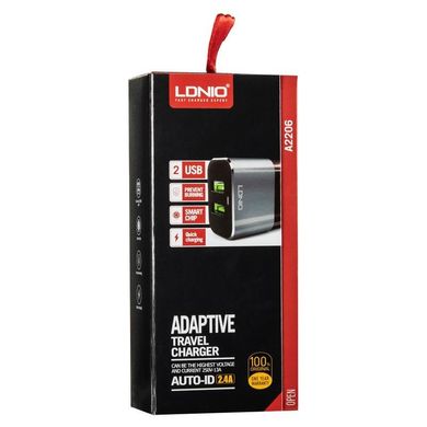 Мережевий зарядний пристрій LDNIO 2 порту USB швидка зарядка 2.4A СЗУ чорне Black / Grey + Cable iPhone 7 (DL-A2206) фото
