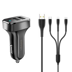 Автомобільний зарядний пристрій Usams С13 2 порту USB швидка зарядка 2.1A АЗП чорне Black + USB кабель U35 3in1 фото