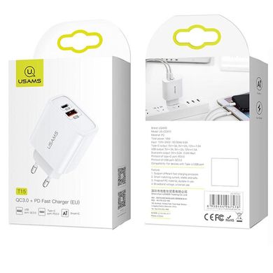 Мережевий зарядний пристрій Usams T15 + Type-C 1 порт USB швидка зарядка 3.2A СЗУ біле White (US-CC070) фото