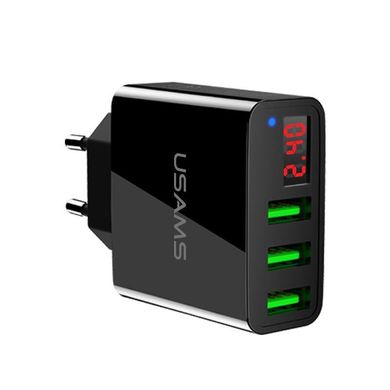 Мережевий зарядний пристрій Usams US-CC035 LED 3 порту USB швидка зарядка 2.4A СЗУ чорне Black фото