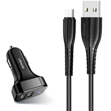 Автомобільний зарядний пристрій Usams С13 2 порту USB швидка зарядка 2.1A АЗП чорне Black + кабель Type-C (NTU35TC13TZ) фото