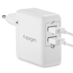 Сетевое зарядное устройство Spigen Essential F207 2 порта USB быстрая зарядка 3.0A СЗУ белое White фото