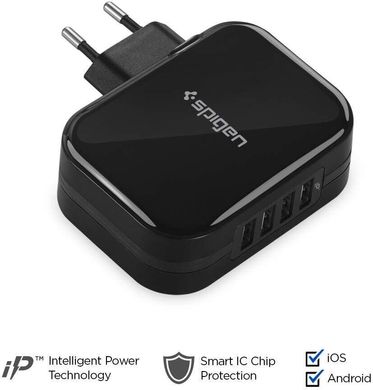 Мережевий зарядний пристрій Spigen F401 4 порту USB швидка зарядка 2.4A СЗУ чорне Black фото