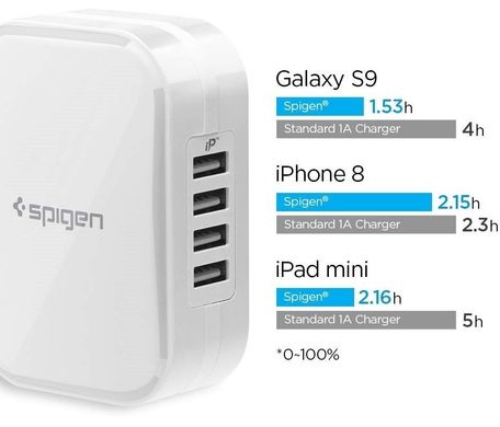 Сетевое зарядное устройство Spigen F401 4 порта USB быстрая зарядка 2.4A СЗУ белое White фото