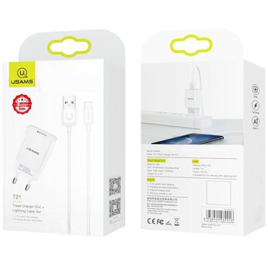 Мережевий зарядний пристрій Usams T21 1 порт USB швидка зарядка 2.1A СЗУ біле White + USB Cable Type-C фото