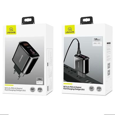 Мережевий зарядний пристрій Usams T23 LED + Type-C 1 порт USB швидка зарядка 3A СЗУ чорне Black (US-CC085) фото