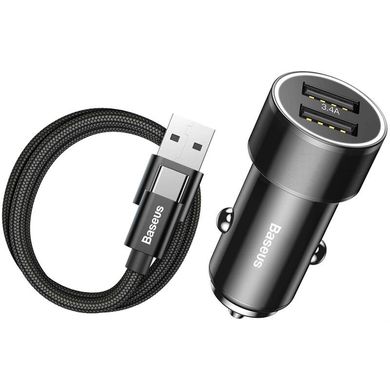 Автомобільний зарядний пристрій Baseus 2 порту USB швидка зарядка 3.4A АЗП Type-C кабель (TZXLD-B01) чорне Black фото