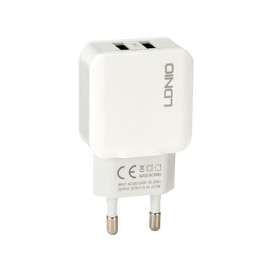 Мережевий зарядний пристрій LDNIO 2 порту USB швидка зарядка 2.4A СЗУ біле White + Cable MicroUSB (DL-A2202) фото